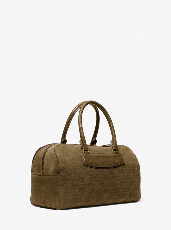 Michael Kors Jet Set Travel Medium Logo Embossed Suede Duffel Crossbody Bag