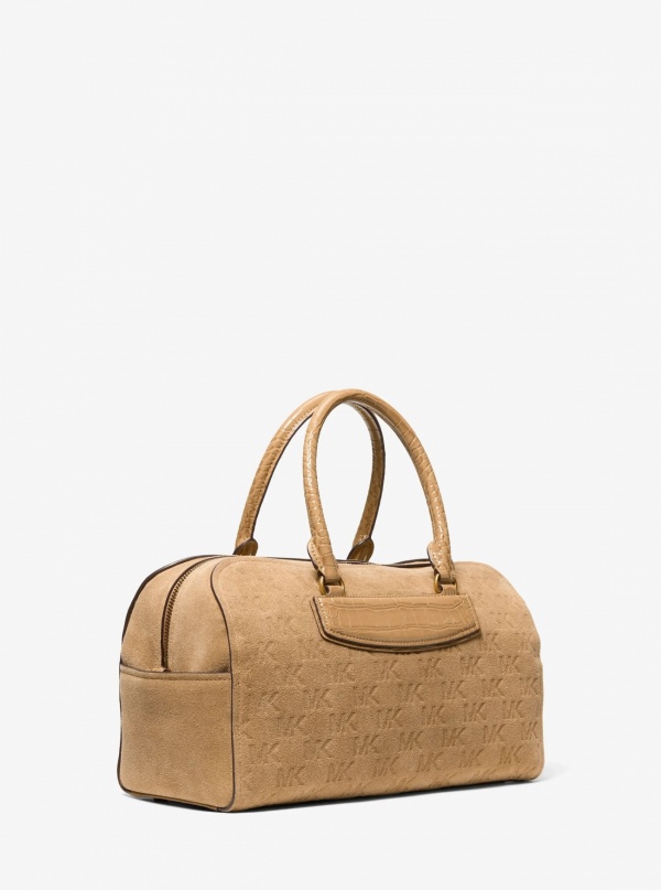 Michael Kors Jet Set Travel Medium Logo Embossed Suede Duffel Crossbody Bag