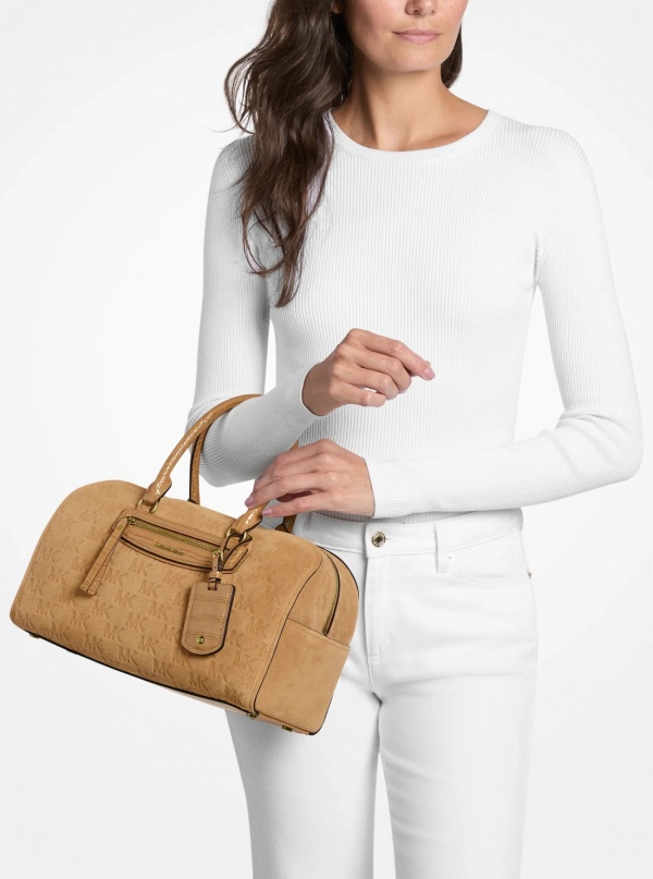 Michael Kors Jet Set Travel Medium Logo Embossed Suede Duffel Crossbody Bag