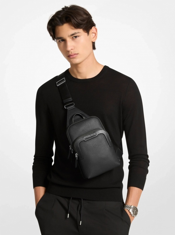 Michael Kors Mens Hudson Medium Pebbled Leather Double-Zip Sling Bag