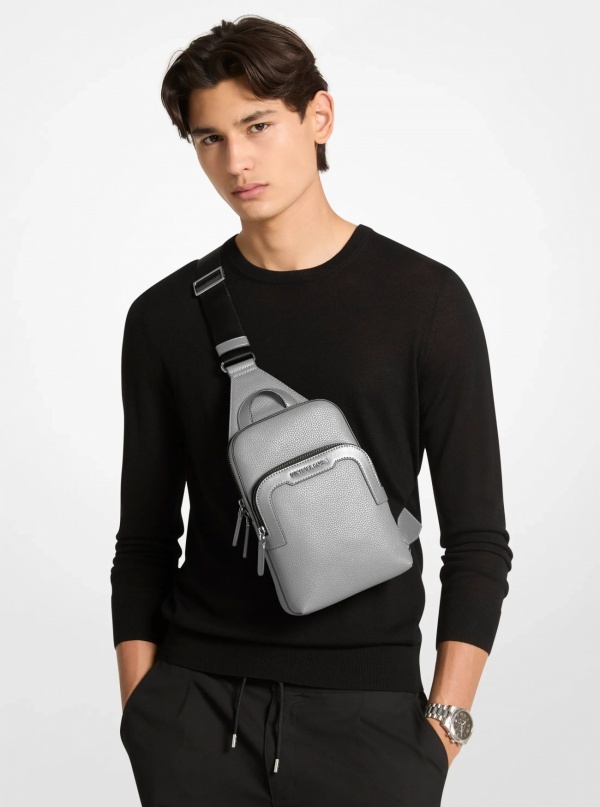 Michael Kors Mens Hudson Medium Pebbled Leather Double-Zip Sling Bag