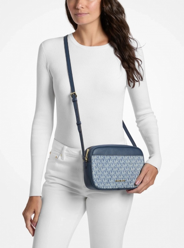 Jet Set Travel Signature Logo Print Denim Camera Crossbody Bag