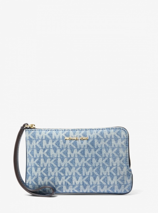Jet Set Travel Small Signature Logo Print Denim Wristlet