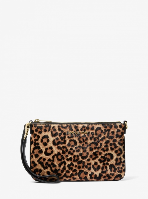 Jet Set Travel Leopard Print Calf Hair Wristlet