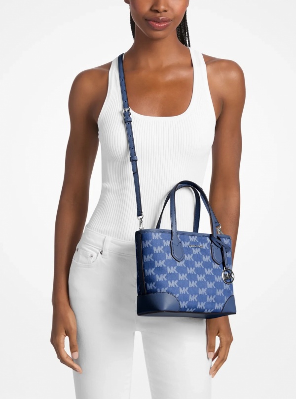 Eva Extra-Small Logo Jacquard Denim Convertible Tote Bag