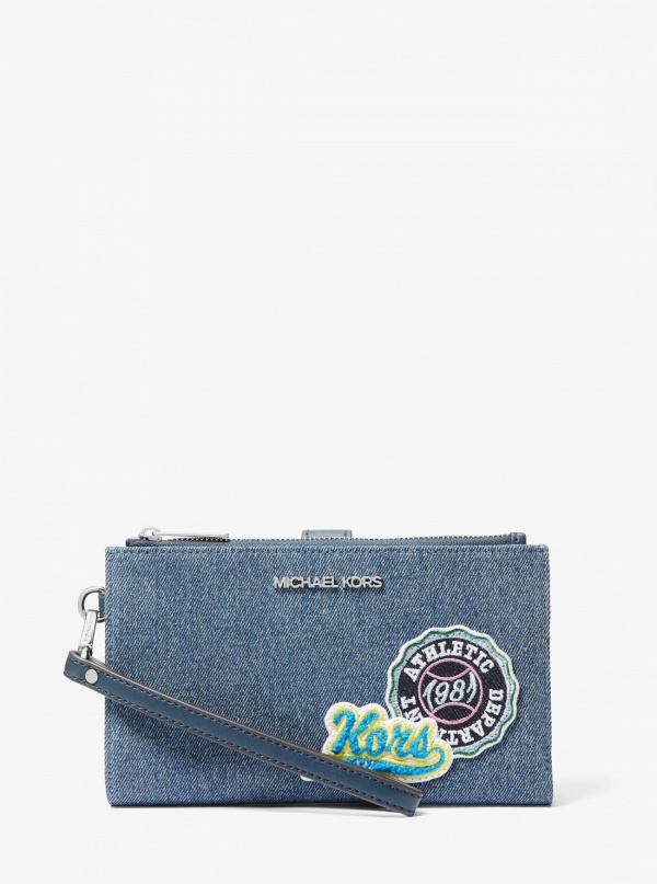 Jet Set Travel Embellished Denim Wristlet