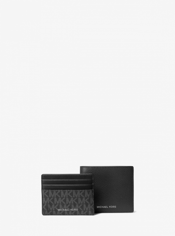 Michael Kors Mens Pebbled Leather Billfold Wallet and Signature Logo Card Case Gift Set