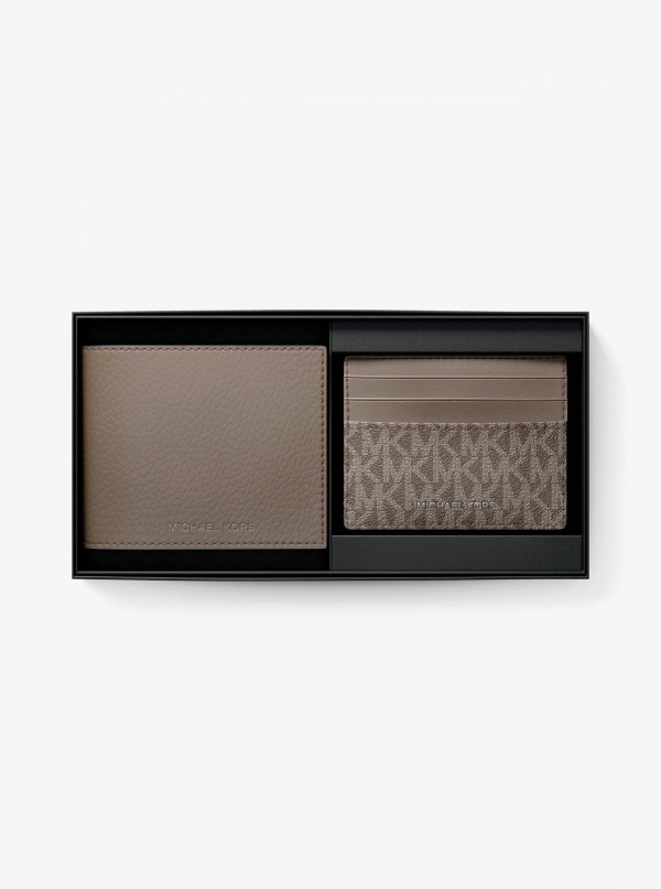 Michael Kors Mens Pebbled Leather Billfold Wallet and Signature Logo Card Case Gift Set