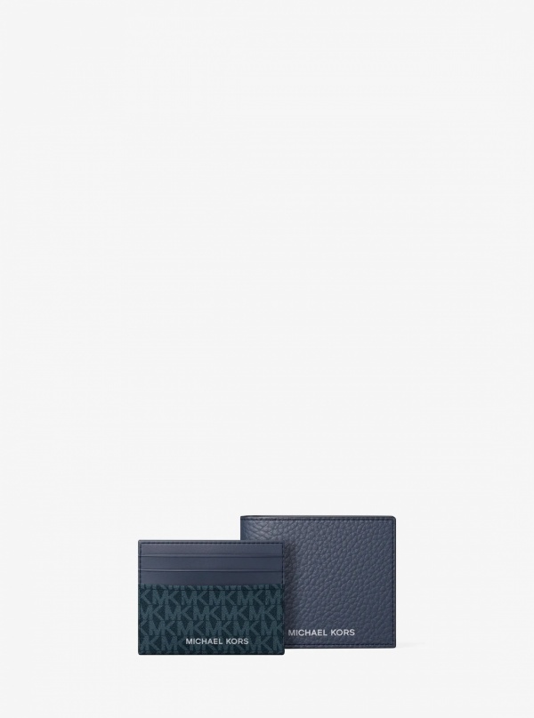 Michael Kors Mens Pebbled Leather Billfold Wallet and Signature Logo Card Case Gift Set