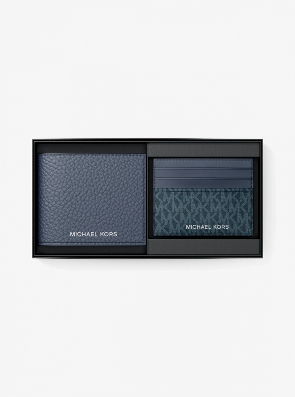 Michael Kors Mens Pebbled Leather Billfold Wallet and Signature Logo Card Case Gift Set