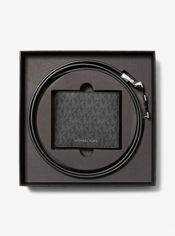 Michael Kors Mens Signature Logo Wallet and Reversible Belt Gift Set