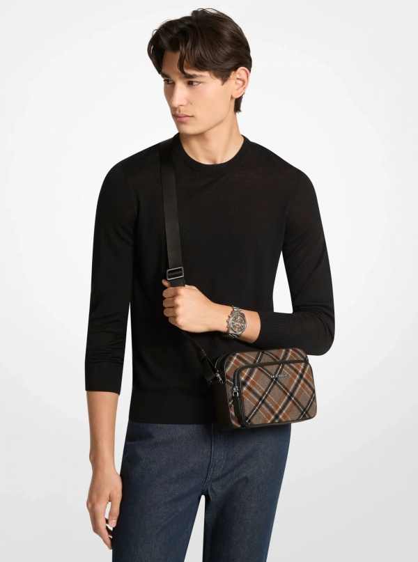 Michael Kors Mens Cooper Plaid Wool Blend Flight Bag