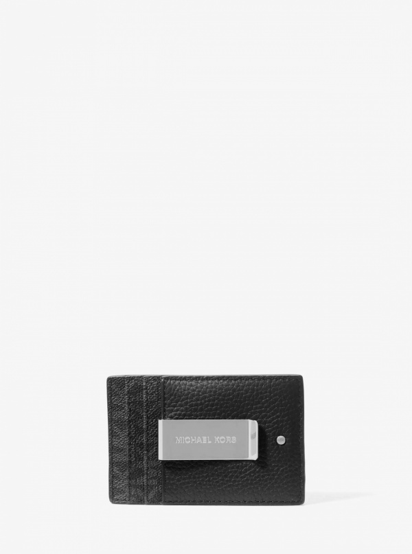 Michael Kors Mens Hudson Pebbled Leather and Signature Logo Money Clip Card Case