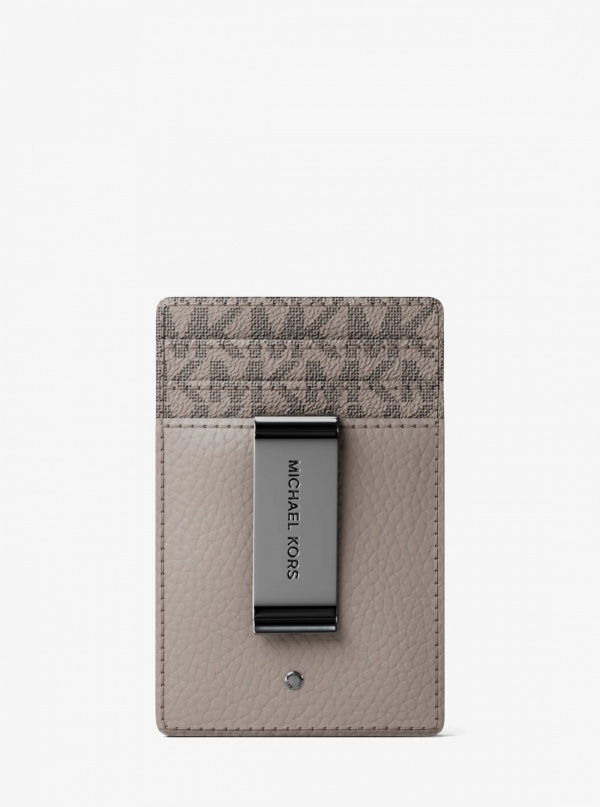 Michael Kors Mens Hudson Pebbled Leather and Signature Logo Money Clip Card Case