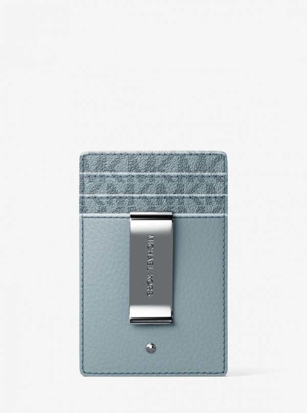 Michael Kors Mens Hudson Pebbled Leather and Signature Logo Money Clip Card Case