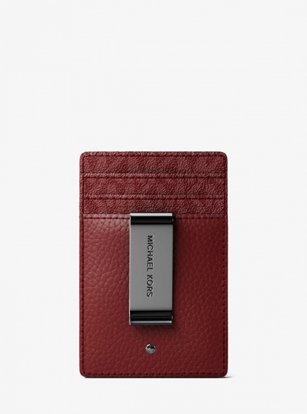 Michael Kors Mens Hudson Pebbled Leather and Signature Logo Money Clip Card Case