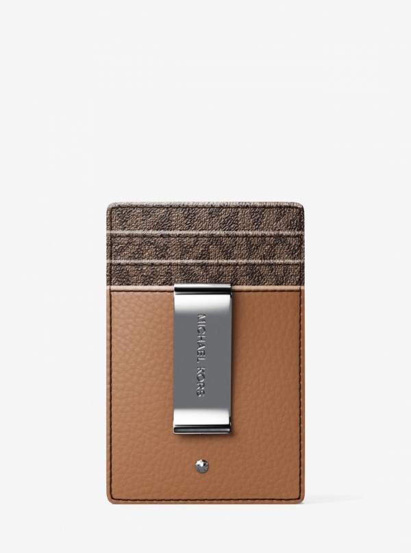Michael Kors Mens Hudson Pebbled Leather and Signature Logo Money Clip Card Case