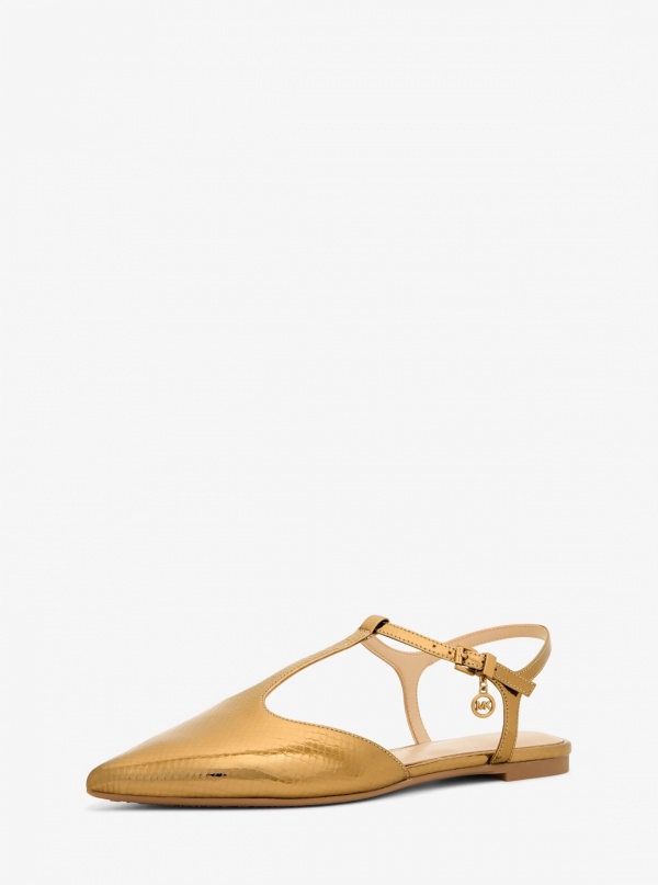 Michael Kors Cherie Snake Embossed Metallic Leather T-Strap Flat