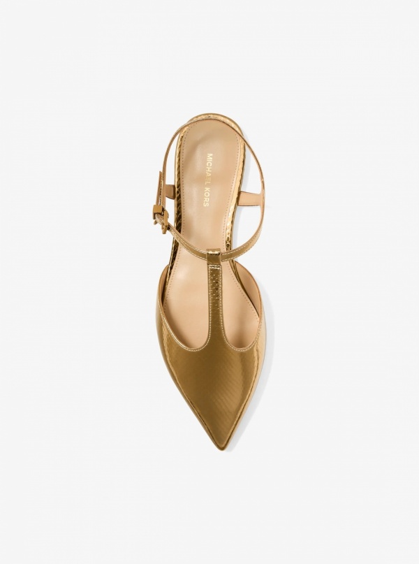 Michael Kors Cherie Snake Embossed Metallic Leather T-Strap Flat