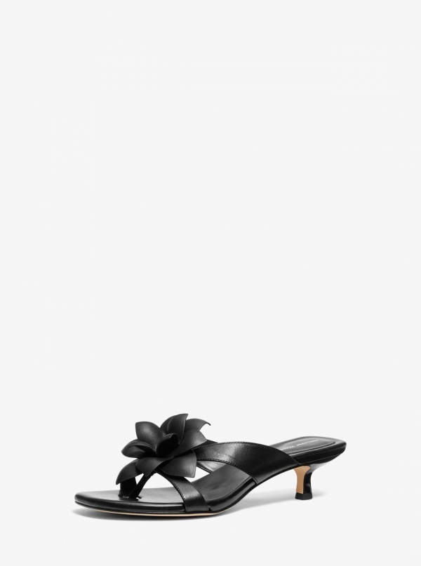 Michael Kors Jacie Floral Embellished Leather Kitten Heel Sandal