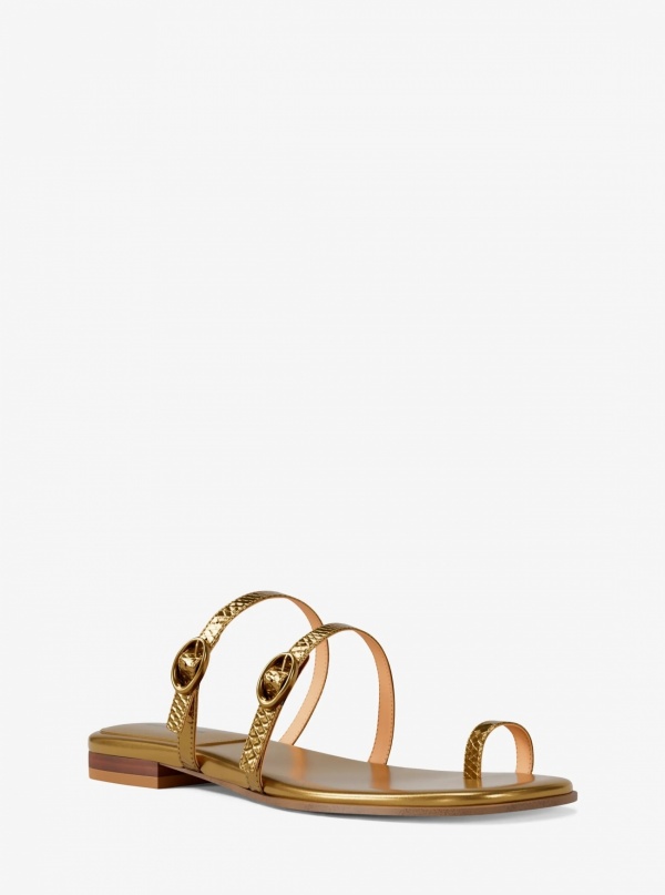 Michael Kors Kya Metallic Snake Embossed Leather Flat Sandal