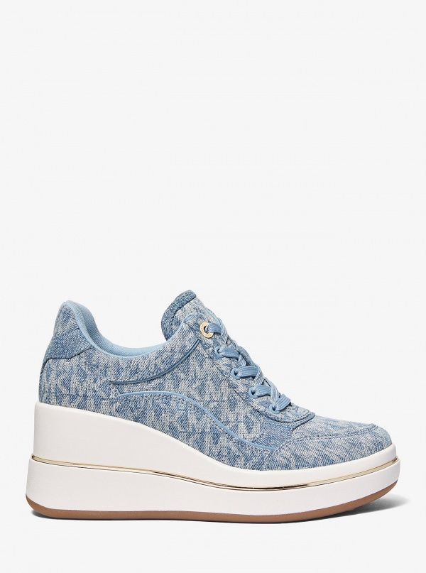 Michael Kors Emmy Signature Logo Print Denim Wedge Trainer