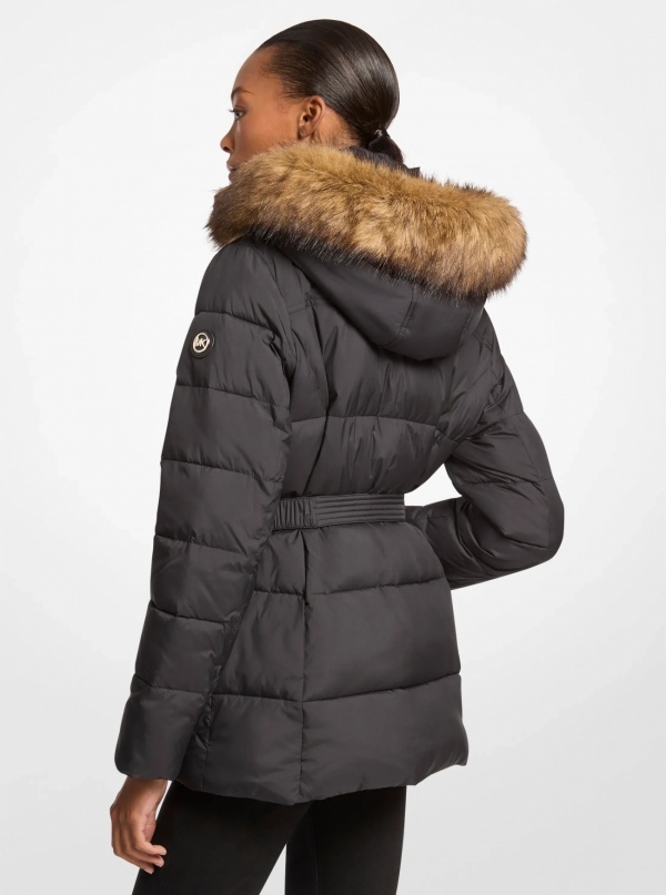 Faux Fur Trim Belted Puffer Jacket