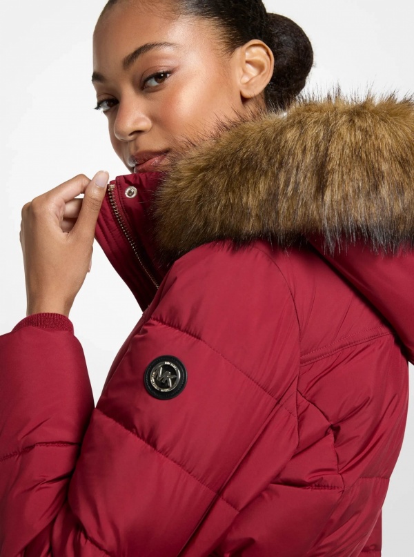 Faux Fur Trim Belted Puffer Jacket