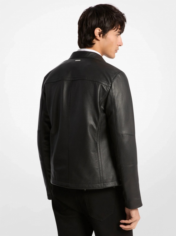 Michael Kors Mens Leather Double-Zip Racer Jacket