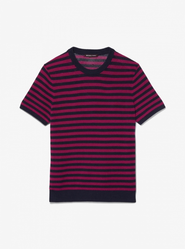 Michael Kors Mens Striped Mesh Cotton Short-Sleeve Sweater