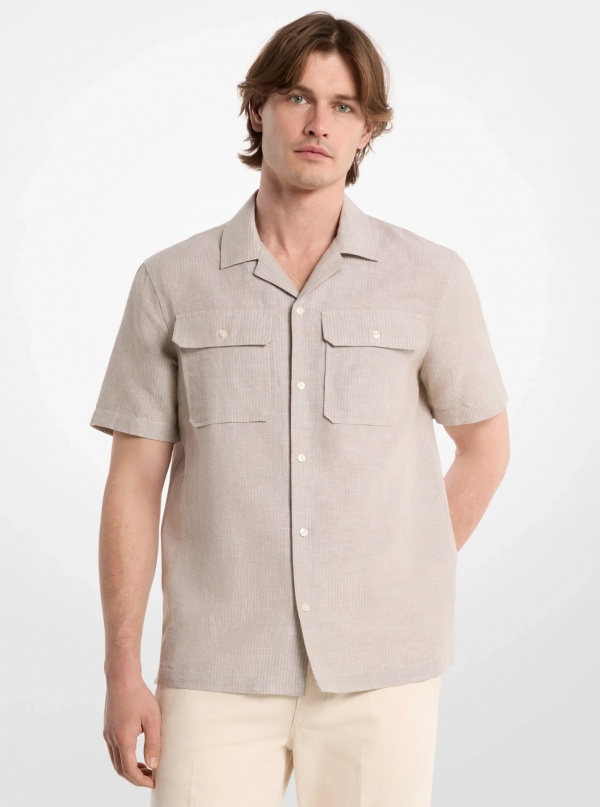 Michael Kors Mens Striped Linen Cotton Camp Shirt