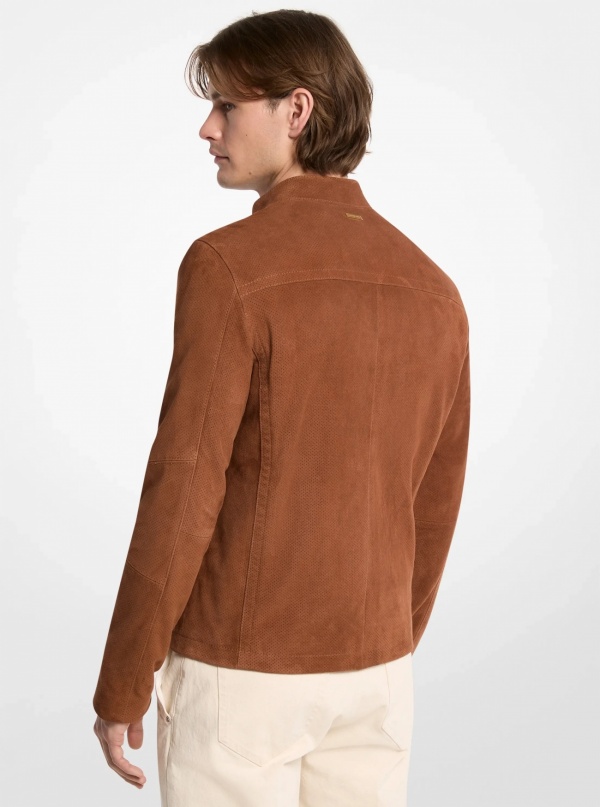 Michael Kors Mens Suede Double-Zip Racer Jacket