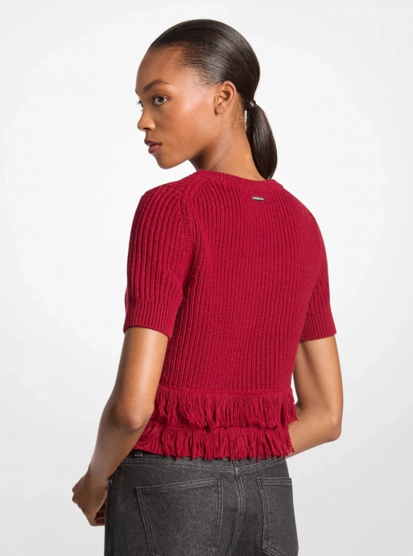 Fringed Knit Short-Sleeve Sweater