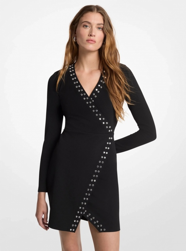 Studded Long-Sleeve Wrap Dress
