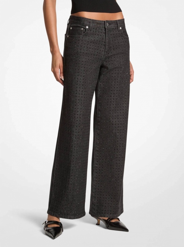 Studded Stretch Denim Wide-Leg Jeans