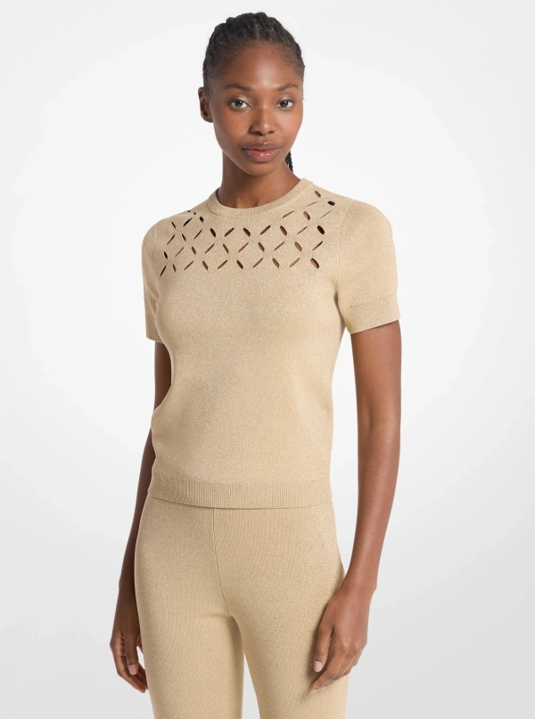 Laser Cut Metallic Stretch Knit Top