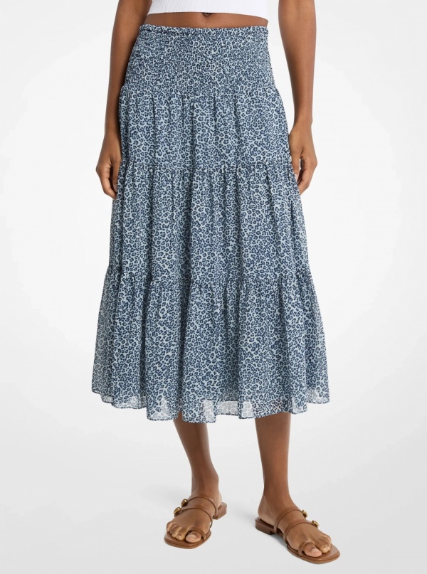 Leopard Print Georgette Tiered Midi Skirt