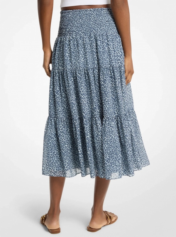 Leopard Print Georgette Tiered Midi Skirt