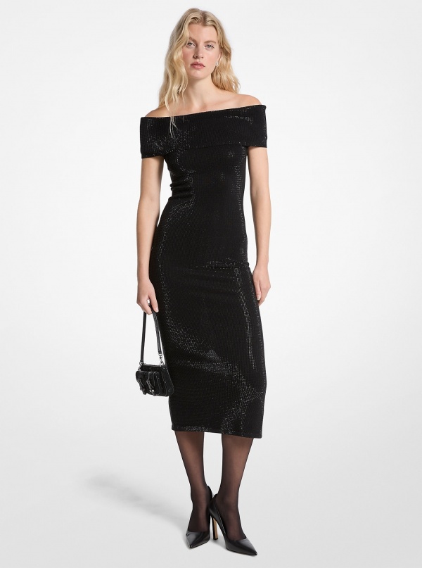 Michael Kors Embellished Stretch Knit Off-The-Shoulder Dress