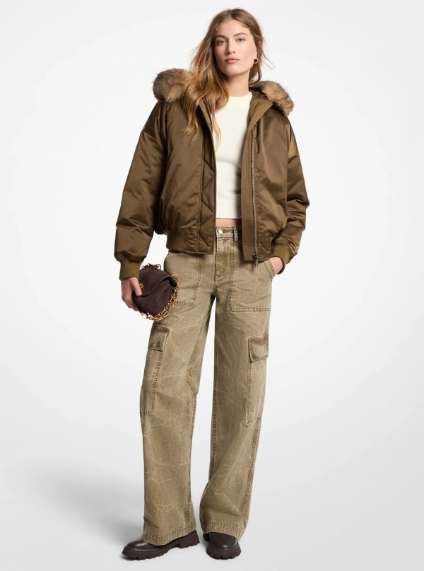 Michael Kors Faux Fur-Trimmed Satin Ciré Hooded Bomber Jacket