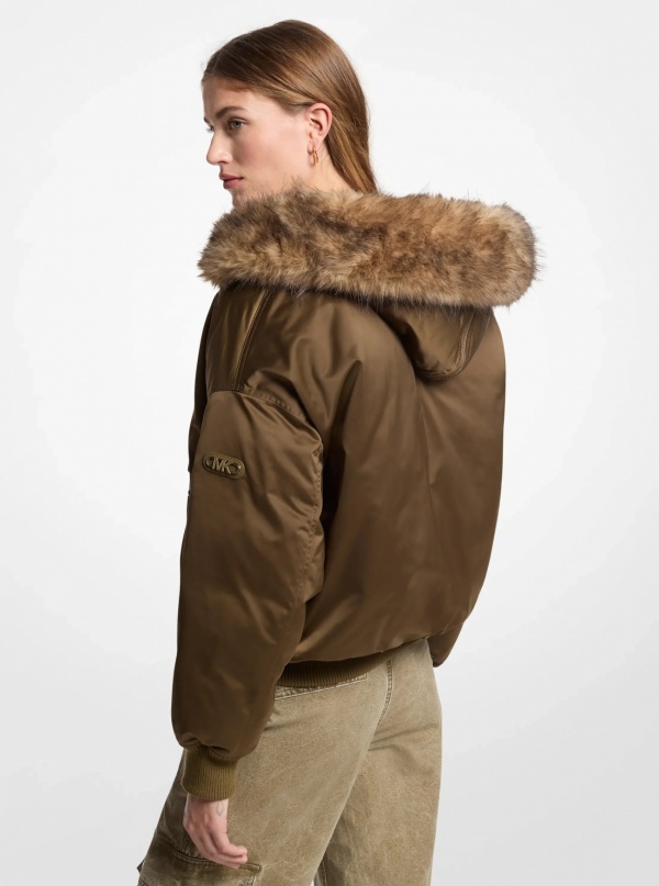 Michael Kors Faux Fur-Trimmed Satin Ciré Hooded Bomber Jacket