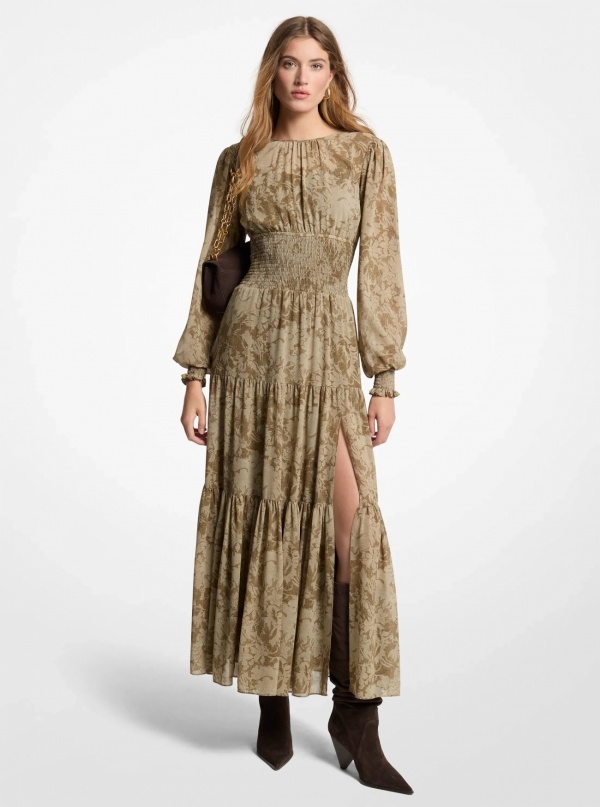 Michael Kors Floral Georgette Smocked Dress