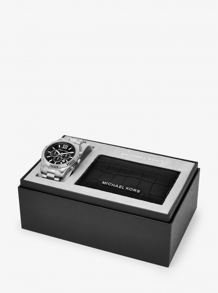 Michael Kors Oversized Lexington Silver-Tone Watch and Crocodile-Embossed Leather Card Case Gift Set