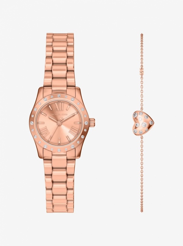 Michael Kors Petite Lexington Pavé Rose Gold-Tone Watch and Heart Bracelet Gift Set