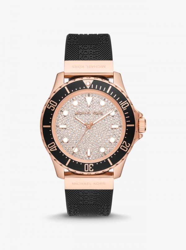 Michael Kors Oversized Slim Everest Pavé Rose-Gold Tone and Embossed Silicone Watch