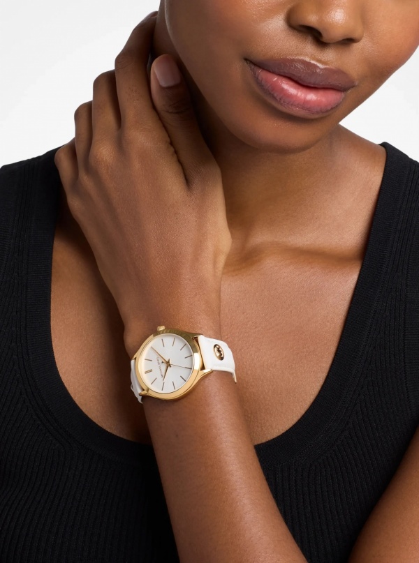 Michael Kors Slim Runway Gold-Tone and Leather Watch