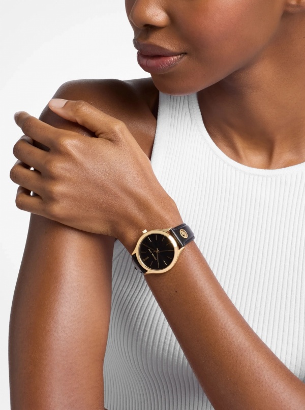 Michael Kors Slim Runway Gold-Tone and Leather Watch