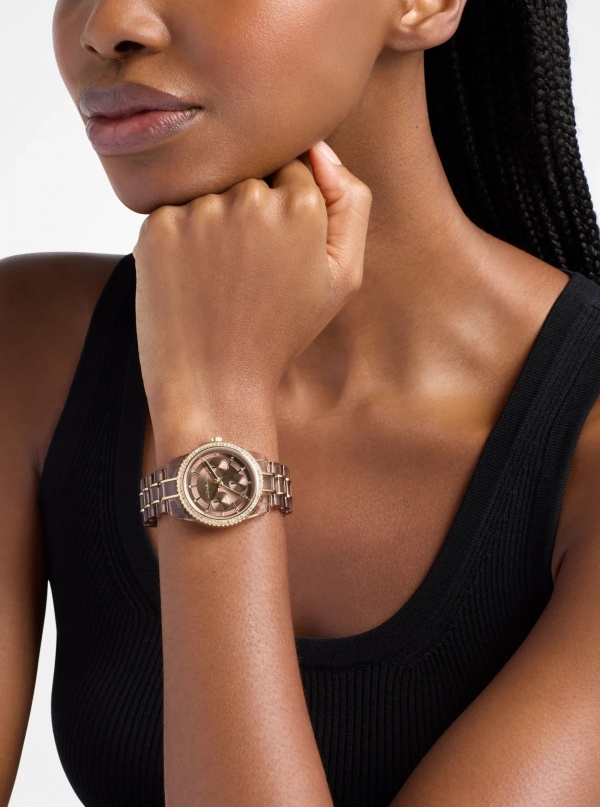 Michael Kors Bryant Pavé Beige Gold-Tone and Acetate Watch