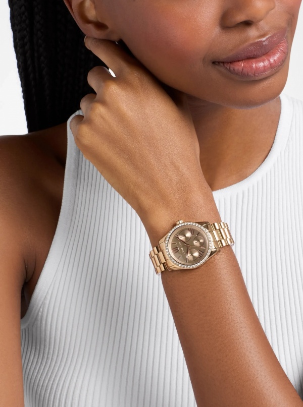 Michael Kors Mini Lexington Pavé Brushed Beige Gold-Tone Watch