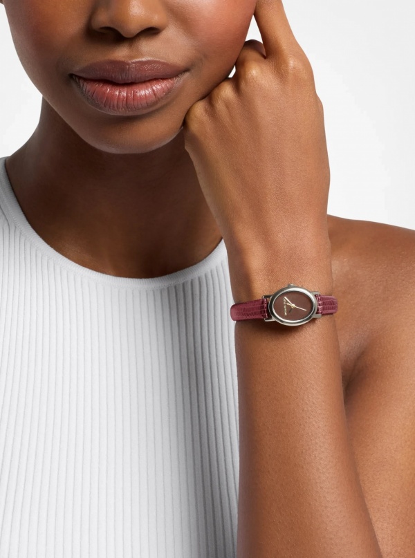 Michael Kors Petite Maude Silver-Tone and Lizard Embossed Leather Watch